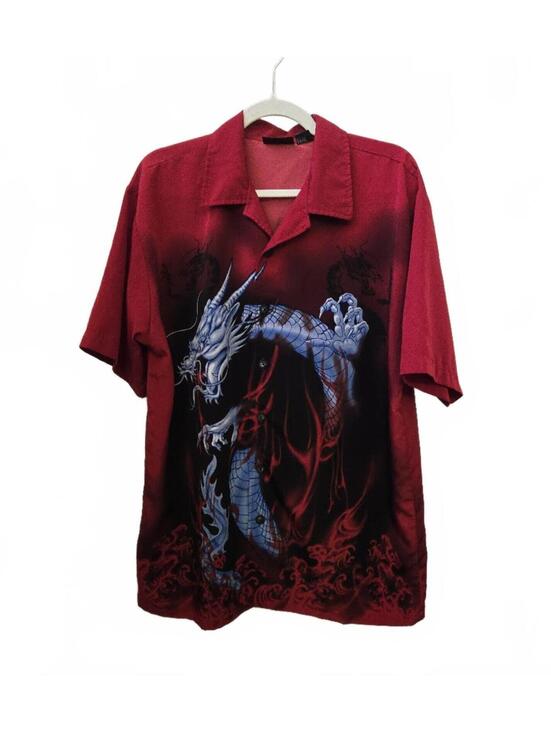 Odo Other - Odo Red Short Sleeve Button-Up Shirt with Blue Dragon Print Size M